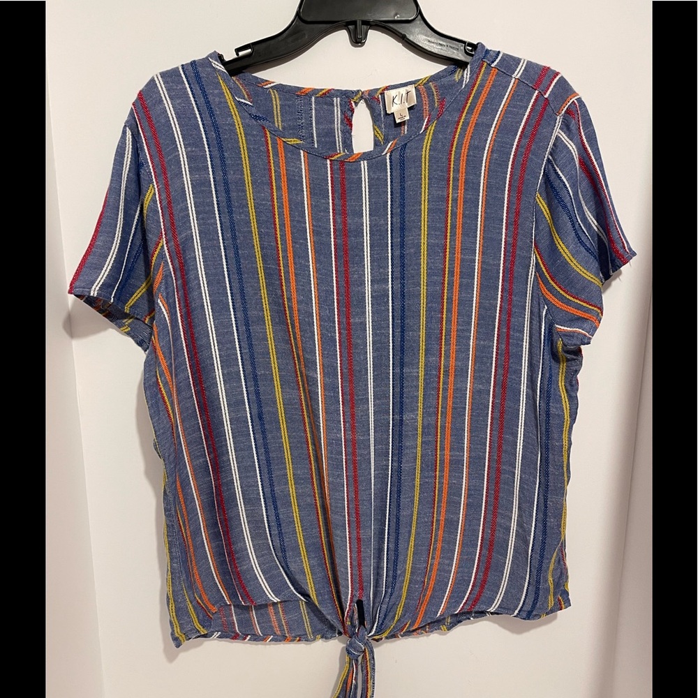 K.I.T Striped Tie front Key hole Back Cap Sleeve Blouse Women’s size L